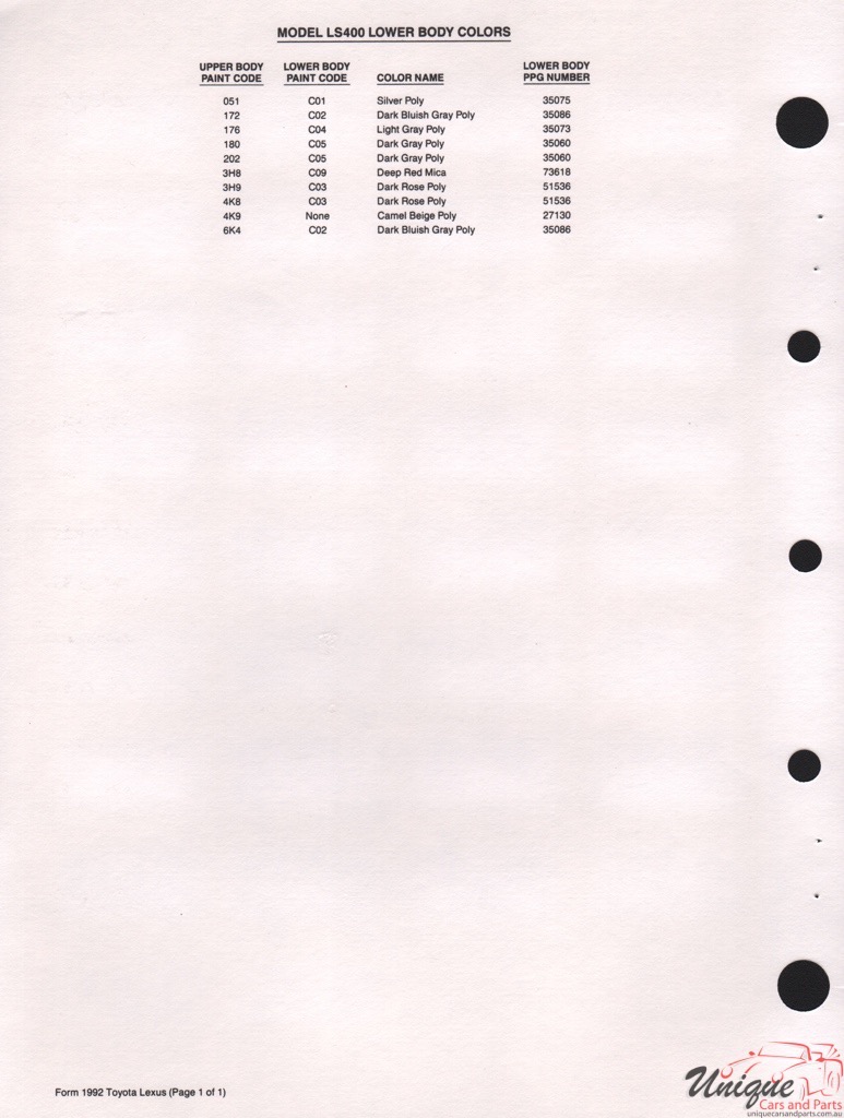 1992 Lexus Paint Charts PPG
